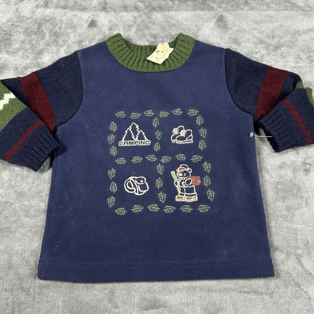 BT Kids Sweater Boys 2T Camping Bear Embroidered Pullover Fleece Toddler Boys